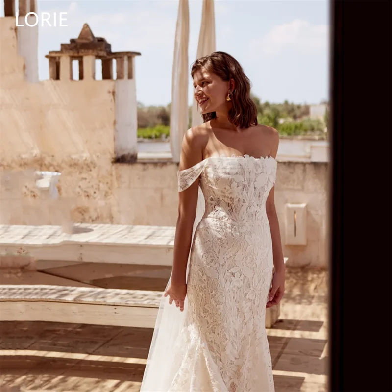 

LORIE Customized A-Line Lace Wedding Dresses Off Shoulder Sleeveless Backless Bride Prom Gown Floor-Length Taile Bridal Gown