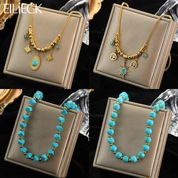 EILIECK 316L Stainless Steel Blue Stone Beaded Necklace For Women Lightning Eyes Hexagram Pendant Necklace Ladies Jewelry Gifts