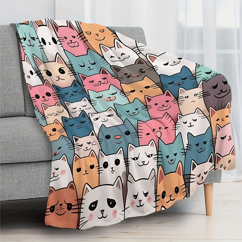 

Contemporary Cat Print Flannel Throw Blanket - Soft Sofa Couch Lightweight Woven Blanket with Digital