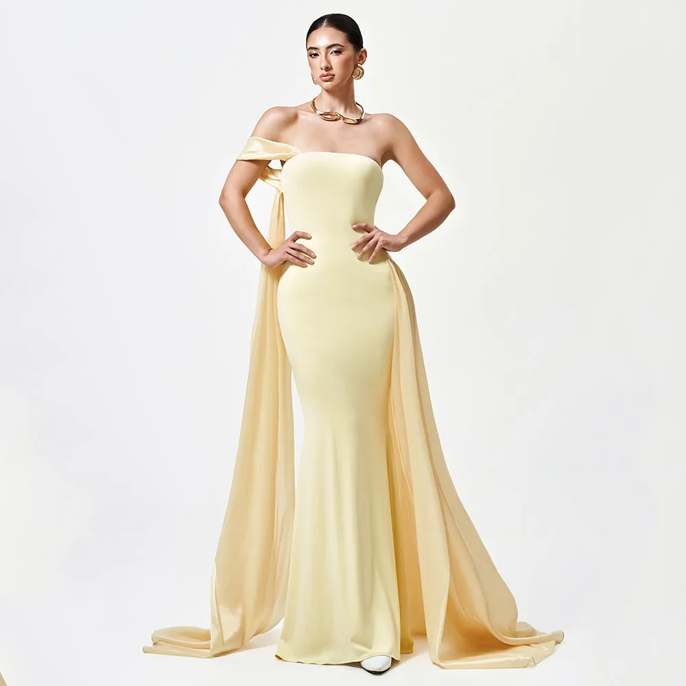 

Elegant Evening Dress Mermaid Off the Shoulder Draped Yellow Formal Evening Gowns for Women 2025 Sleeveless Trumpet Prom Dresses