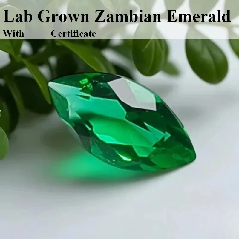 Lab Grown Zambian Emerald, Hydrothermal, Hand-Cut, Marquise Cut, with Crack Inclusions, Comes Selectable Jewelry Certificate