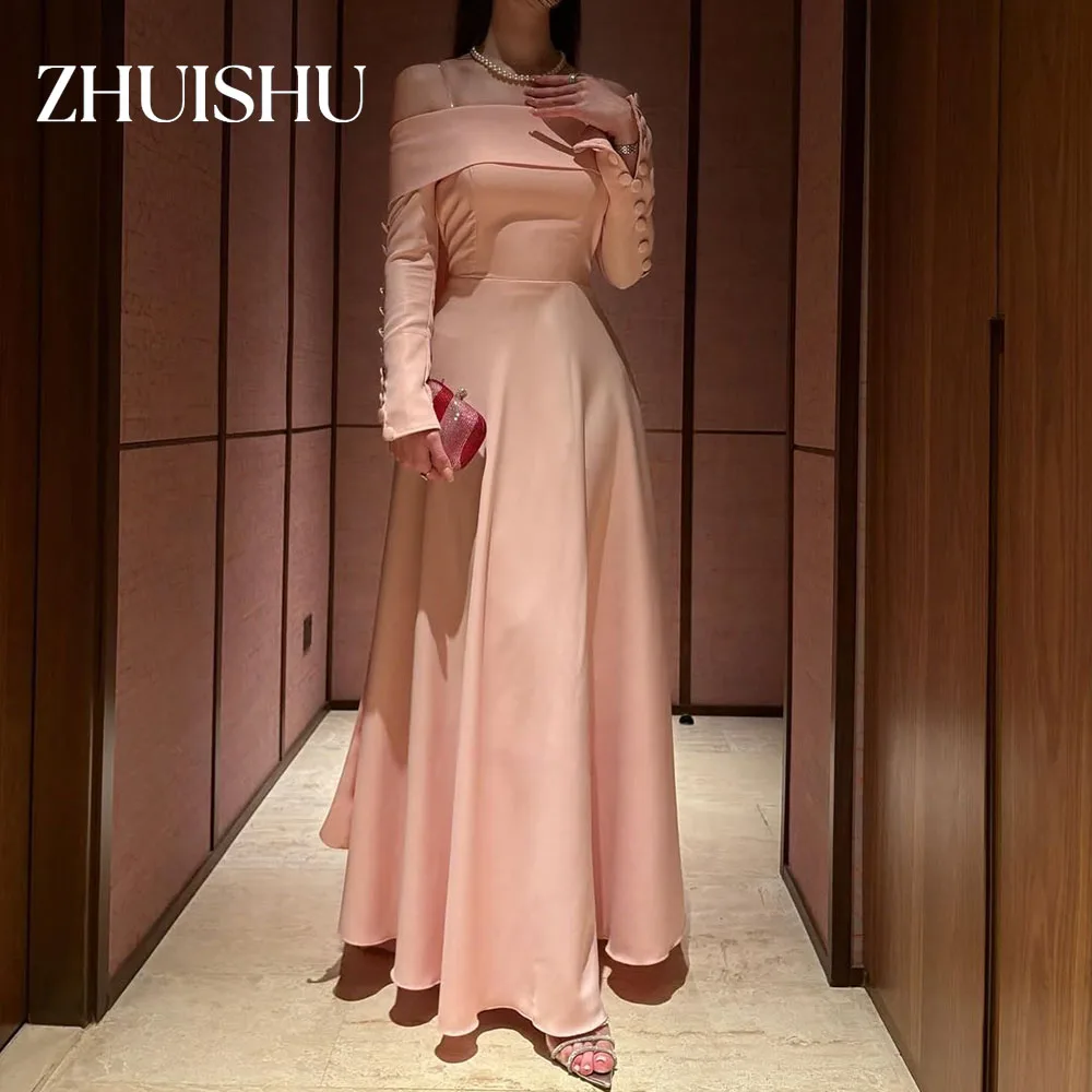 ZHUISHU Blush Pink Saudi Prom Dresses Boat Neck Long Sleeves with Buttons A Line Evening Party Dresses for Special Occasion