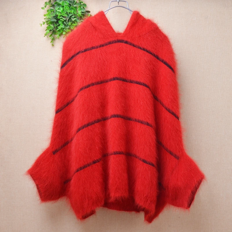 Ladies Women Autumn Winter Clothing Striped Hairy Angora Rabbit Hair Knitted Short Batwing Sleeves Hooded Loose Pullover Sweater