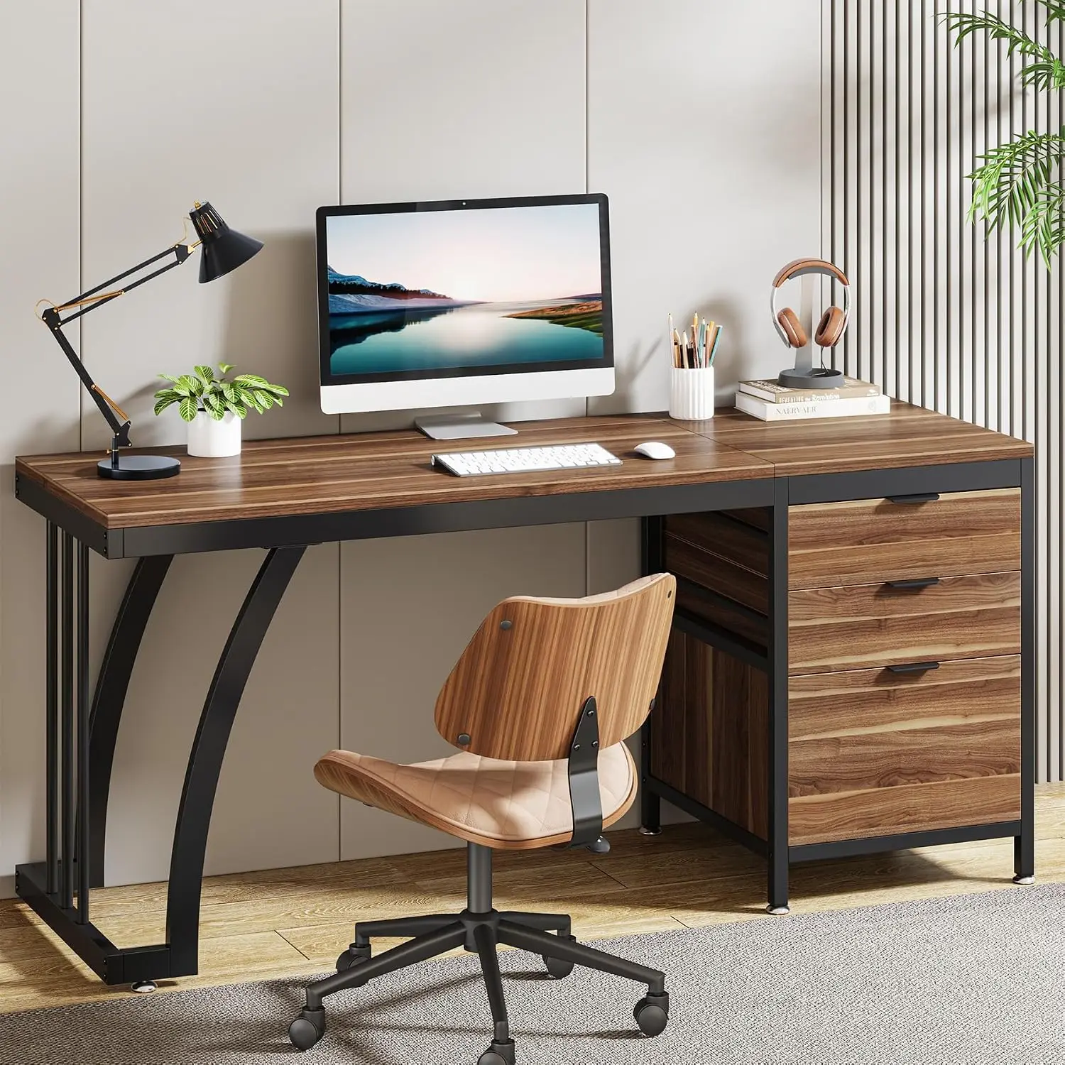 Computer Desk With Three Drawers Reversible Industrial Study Writing Table Workstation With File Storage For Home Office Bedroom Walnut