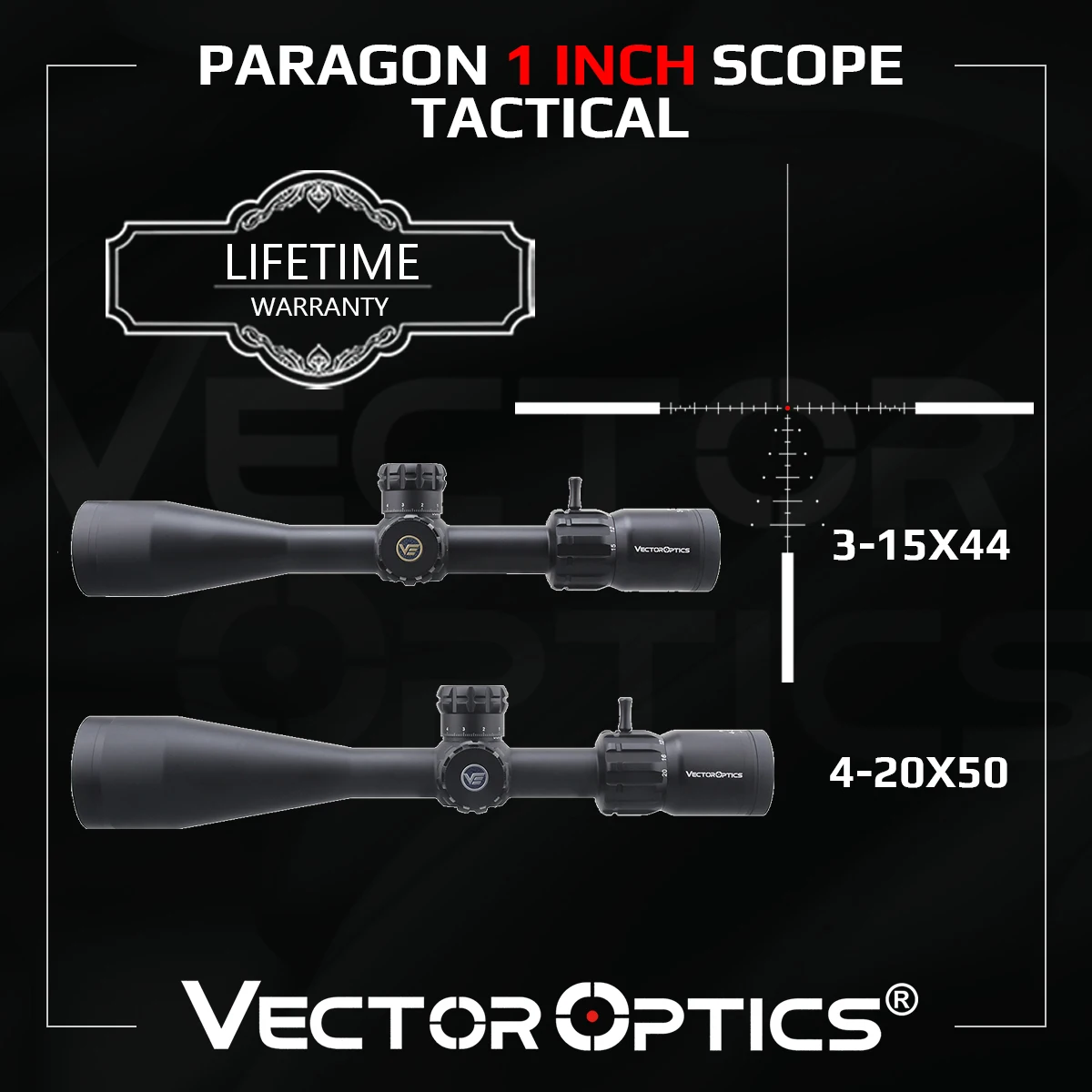 

Vector Optics Paragon 3-15x44 & 4-20x50 SFP 1 inch Riflescope With 1/10MIL Tactical Turret Zero Stop & Turret Lock Feature