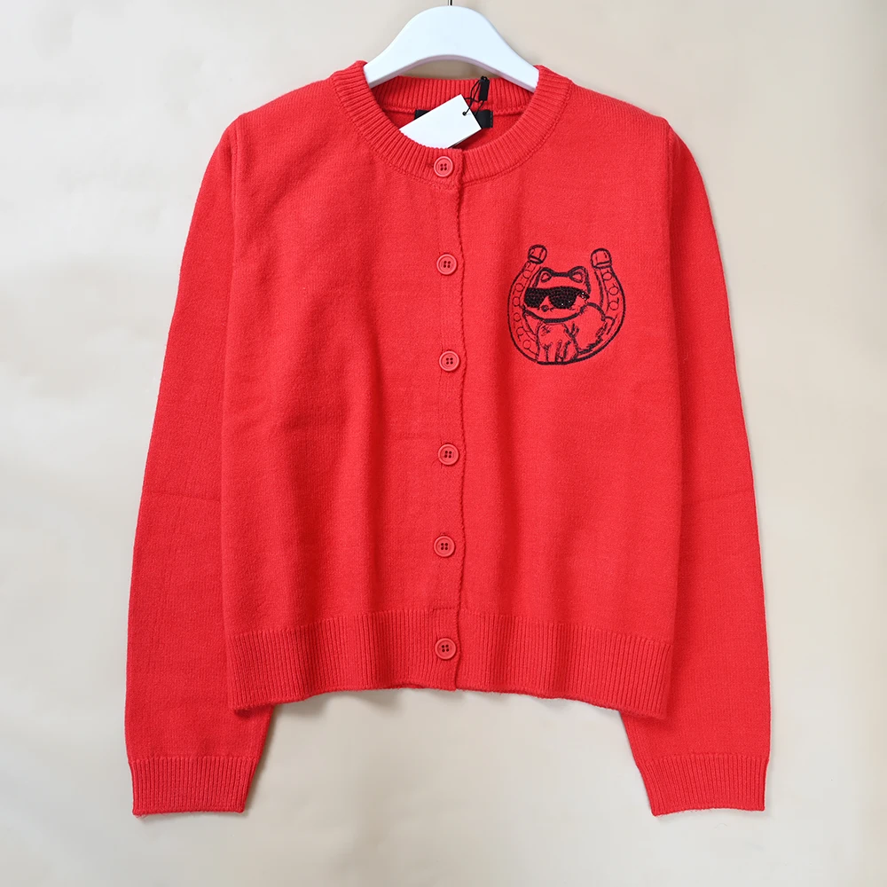 

American Style Women's Knitted Long Sleeve round Neck Cardigan Spring Autumn New Style Cartoon Embroidery Open Cardigan