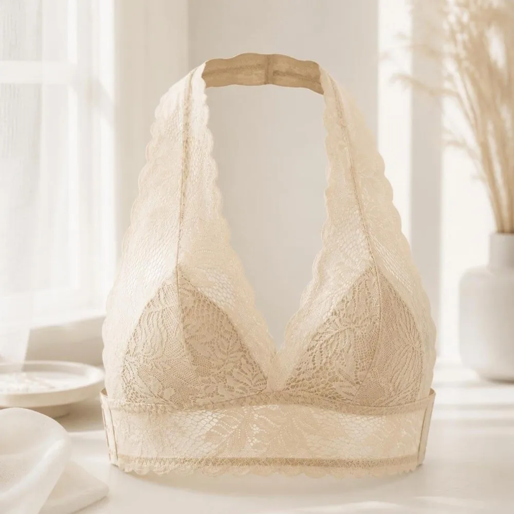 Vestenartiger Neckholder-BH mit Spitze, Push-Up-Effekt, transparentem Netzstoff, Schönheitsrücken, seitlicher Schnalle, unsichtbarer, drahtloser BH für den täglichen Gebrauch. – Detail 4