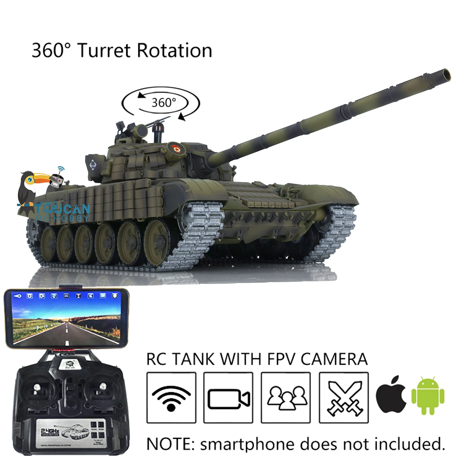 Heng Long-Armure de rotation de tourelle à 1/16 °, Métal RC Battle, Précieux FPV T72 7.0, Système de vue de première hypothèque, Mise à niveau Ver 3939, TH20571, 360