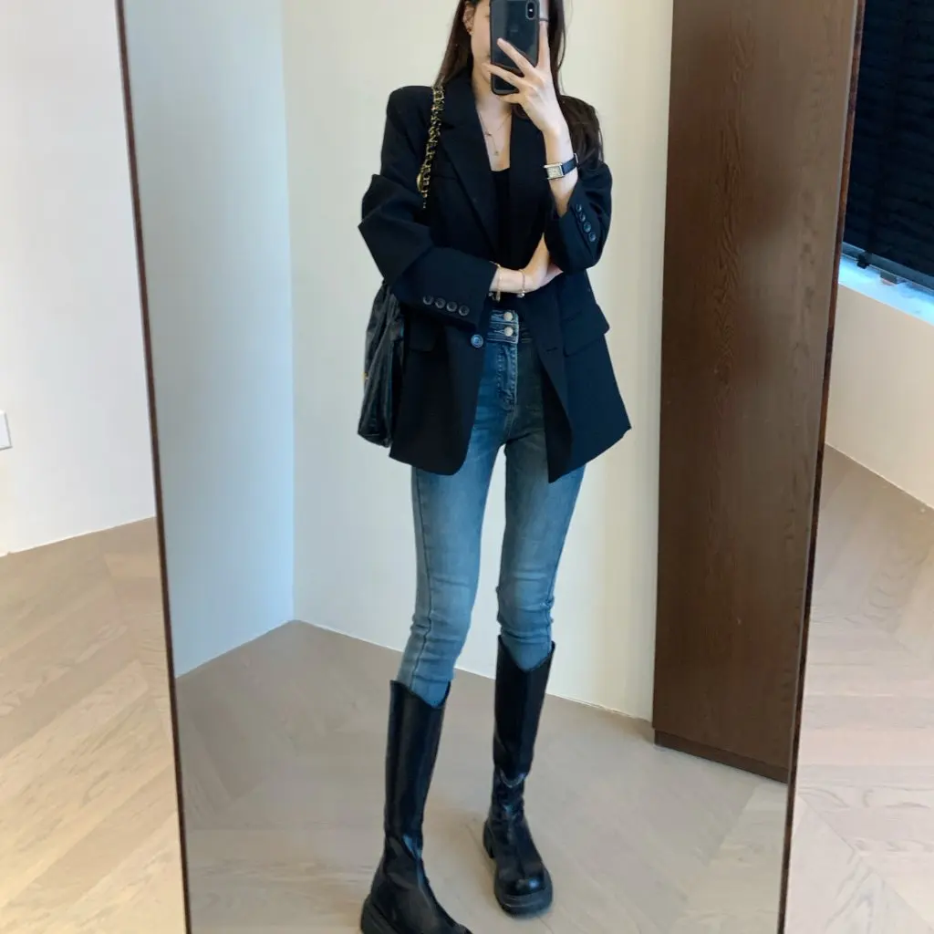 

OL Commuter Style Women's Cotton Suit Elegant Stand Collar Two-Button Loose Fit Autumn Winter Fashion Turn-over Collar Top
