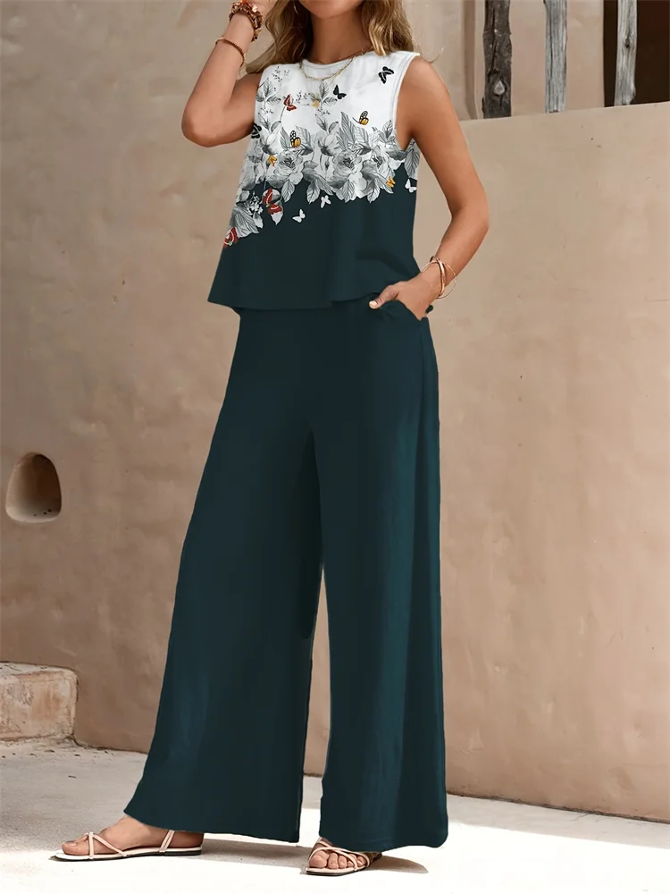 

Floral Color-blocking 3D Printed Round-neck Casual Long Pants 2pcs Set, Urban Street Trend Women's Sleeveless Top And Long Pants