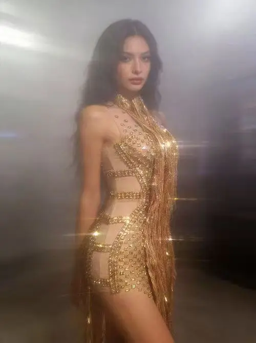 Sparkly Gold Rhinestones Tassels Birthday Celebrate Dress for Women Sexy Mesh Transparent Performance Costume Photo Shoot Wear