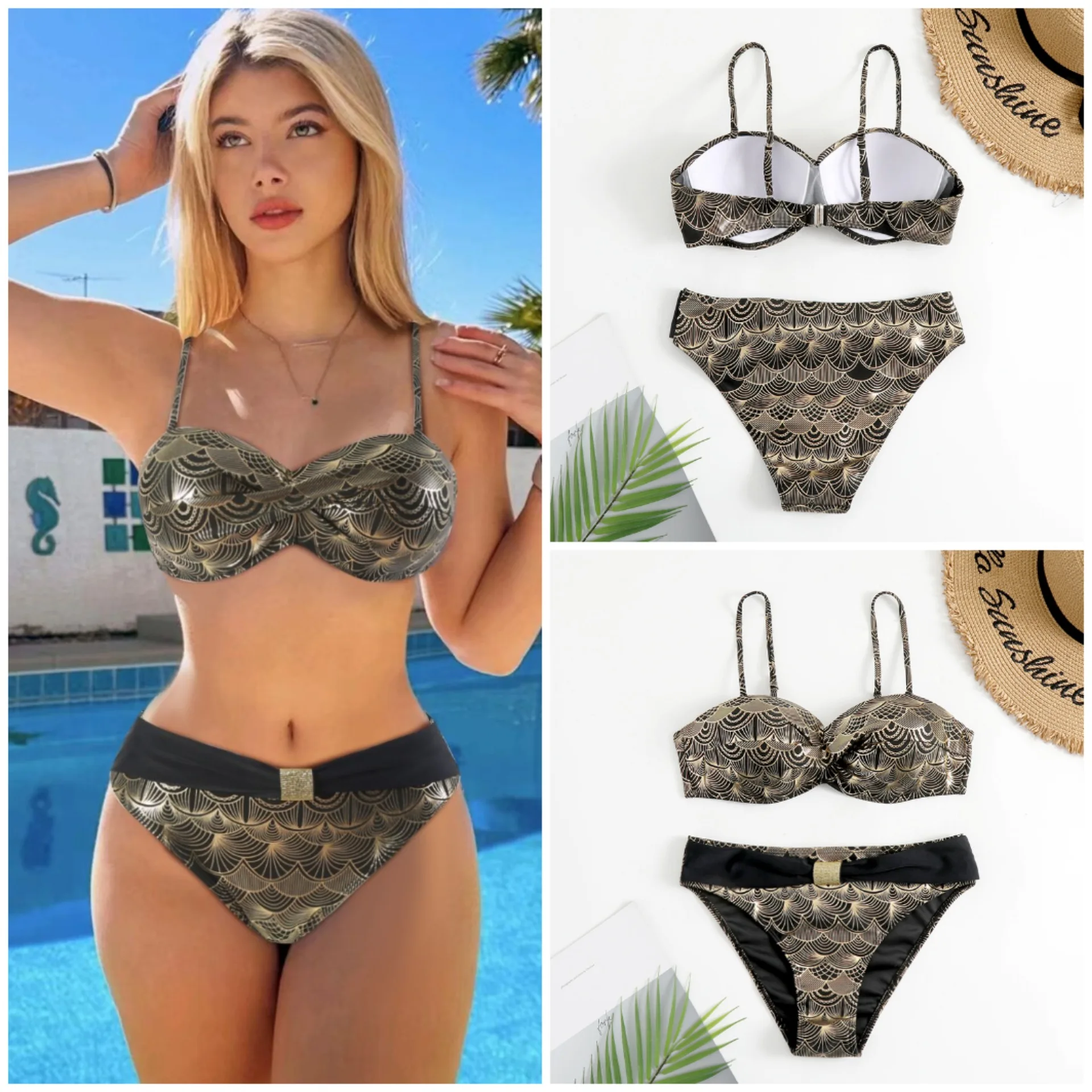 Traje de baño de dos piezas para mujer, bañador Sexy de color bronce, cintura alta, soporte duro