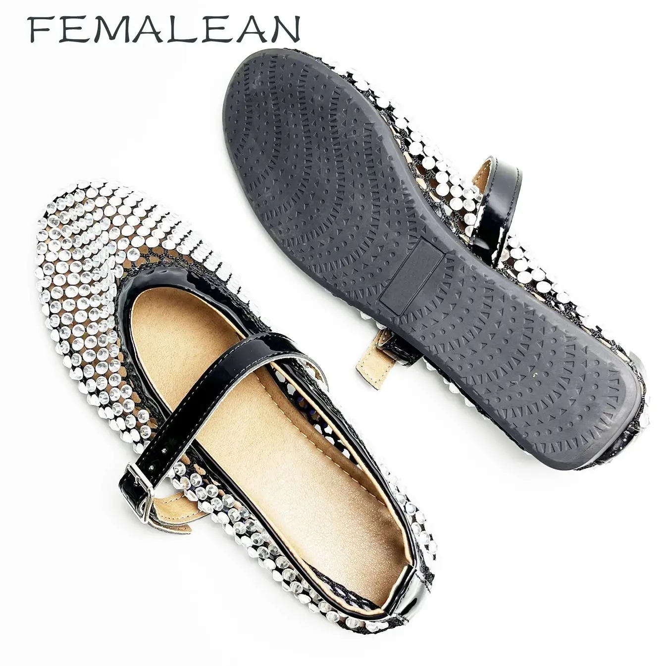 Big Size 43 Diamond Ballet Shoes Mesh Black Spring Summer Breathable Mary Jane Flats 2024 Shoes For Women