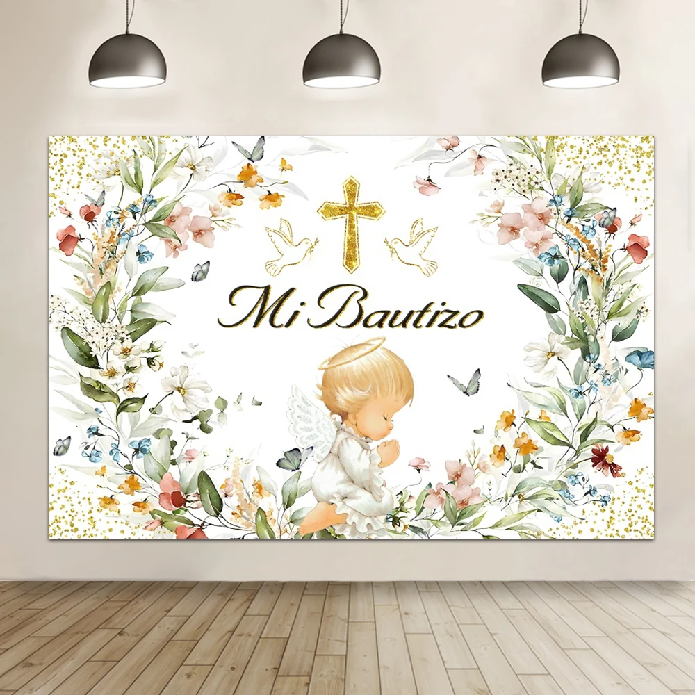 Laeacco Boy Girl Mi Bautizo Backdrop for Photography Cross Bible First Holy Communion God Bless Background Photo Decor Banner