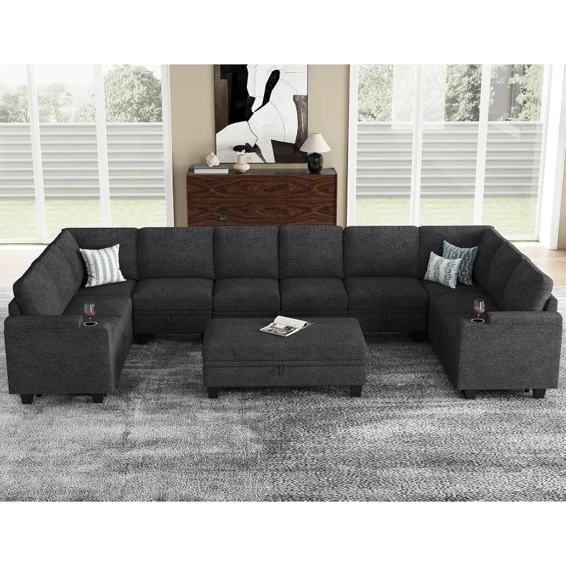 Large Modular Sectional Sleeper Sofa with Pull Out Bed Oversized U Shaped Sectional Couches for Living Room. Dark Gery C