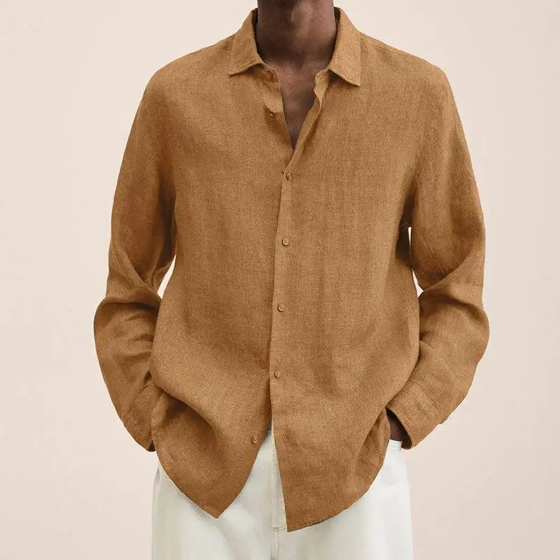 Men's Long Sleeve Cotton Linen Shirt Swedish Collar Pocket Design Splice Fabric Deformation Resistant Summer Fashion Inner Wear view 2