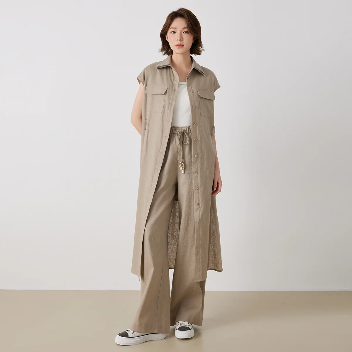 فستان K3206W عالي الجودة 100% كتان بدون أكمام وياقة بولو للنساء موضة الصيف الأنيقة