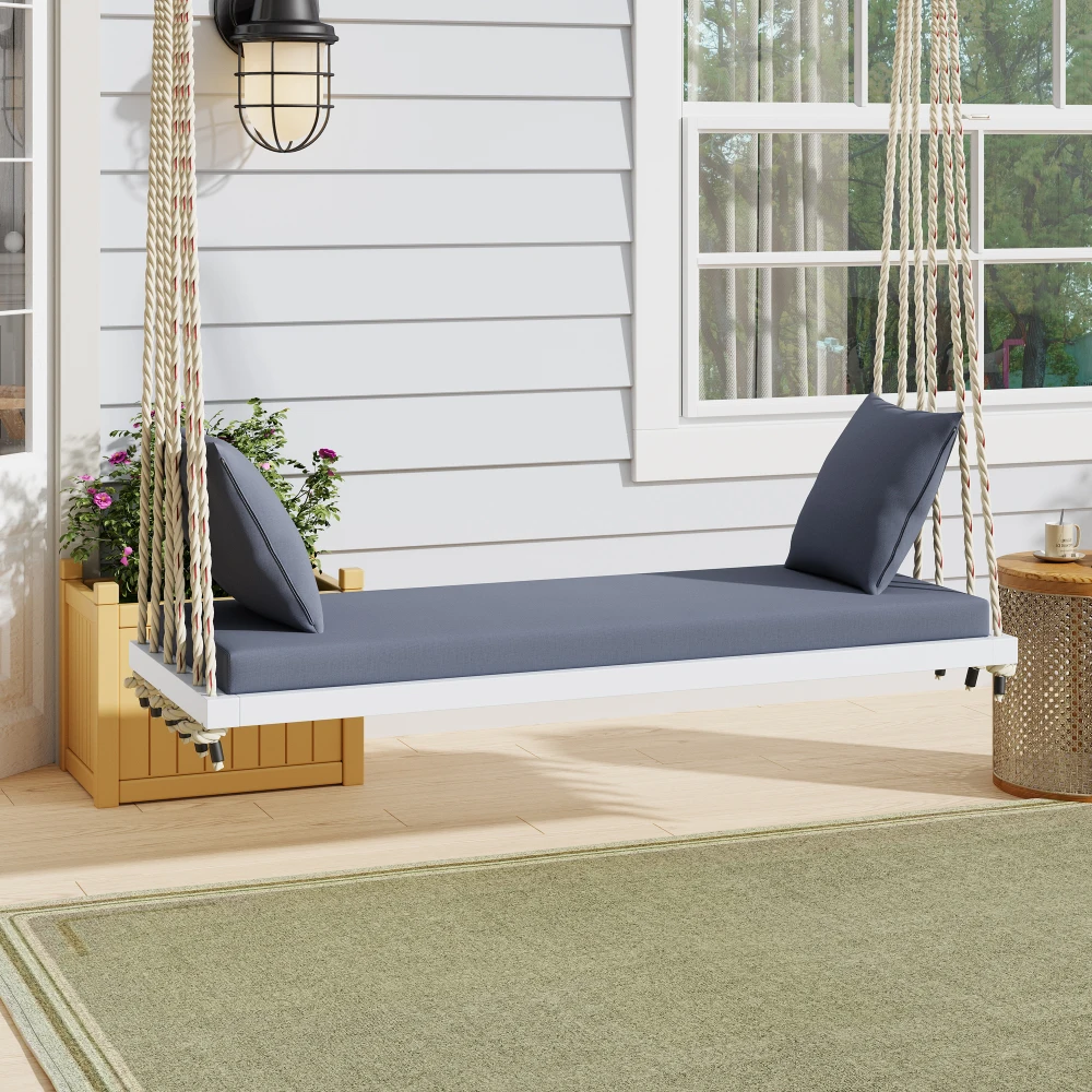 

Patio Wooden Swing Chair, Hanging Porch Swing Bench with Cushion&Pillows, 10.8Ft Hemp Ropes for Garden,Backyard, Lawn,White