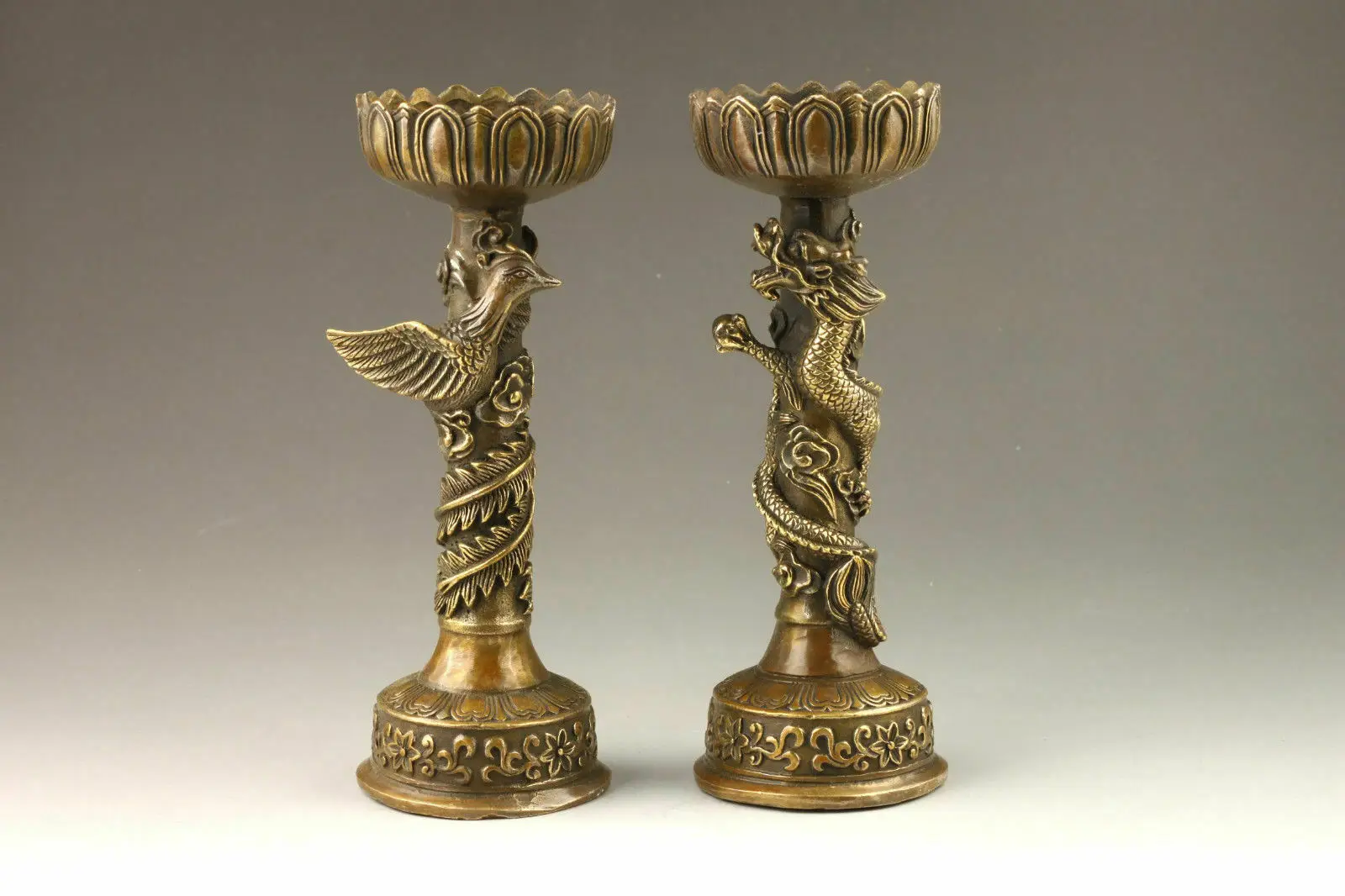 

17.8 cm * / Chinese Handmade Fine Dragon And Phoenix brass Candlestick Pair