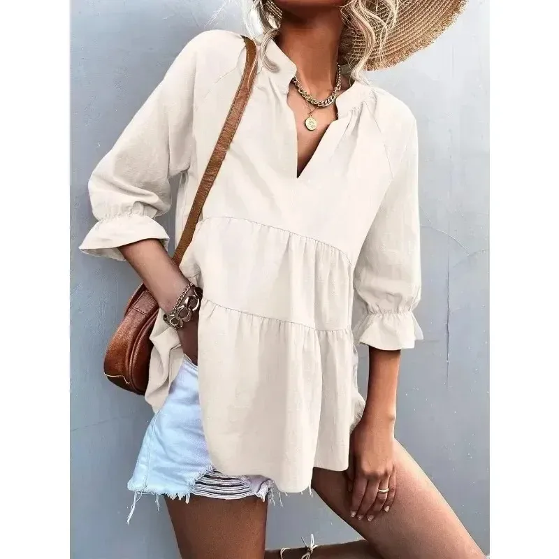 Customized Womens 3 4 Sleeve V Neck Babydoll Blouses Casual Personalized Custom Loose Fitted Daily Wear Blouses Shirts
