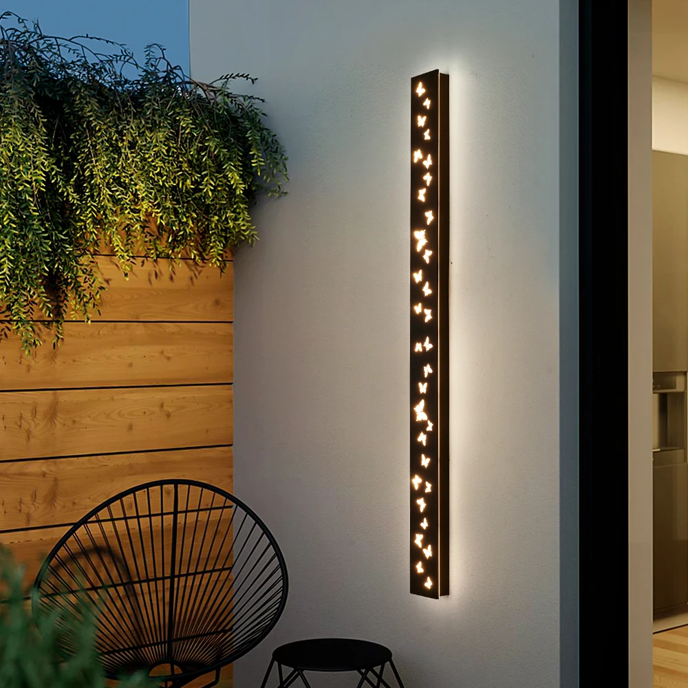 Outdoor Wall Light Fixture LED Long Strip Wall Sconces Butterfly Pattern Porch Lighting Black 85v 265v Garage courtyard Decorati