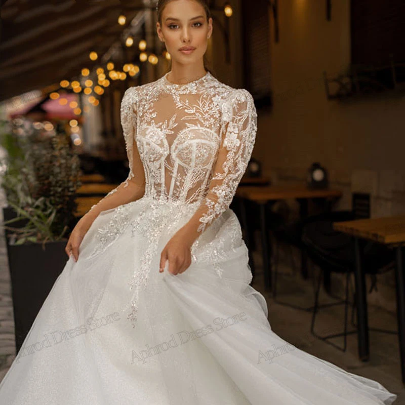 Vestidos De Novia románticos, Vestidos De Novia con mangas completas, Espalda descubierta, línea A, tul escalonado, 2024