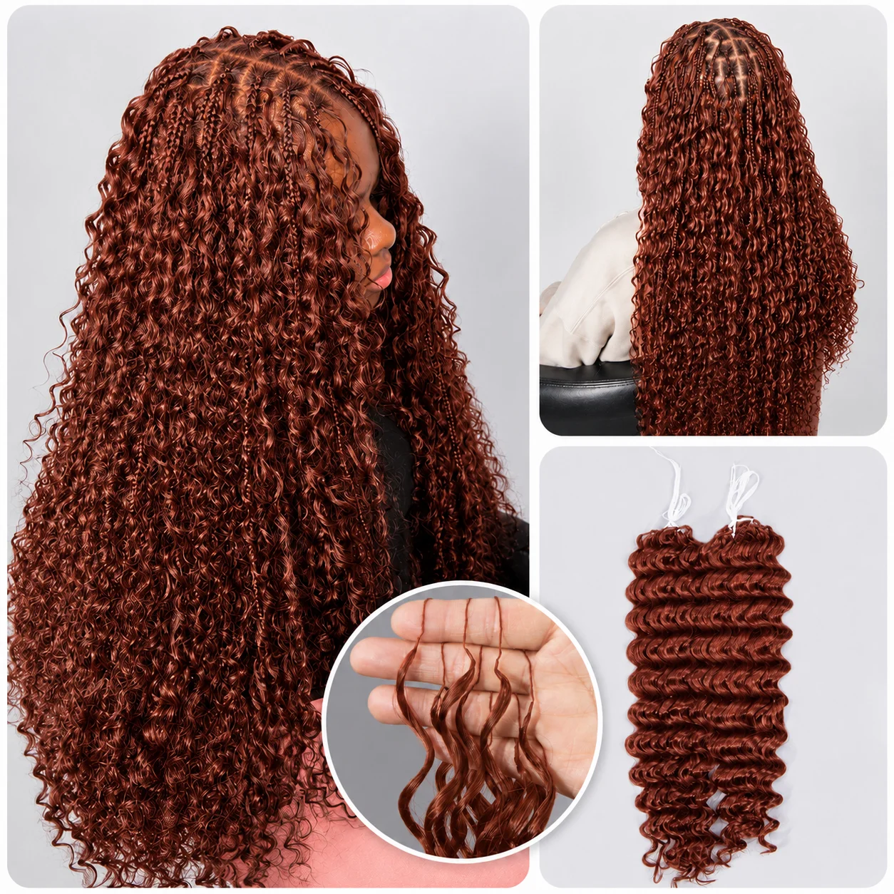 Extensions de cheveux humains à ondulations profondes marron rougeâtre, tressées au crochet, avec nœuds miracle, ultra-douces, pour femmes noires, à pointes naturelles et volumineuses