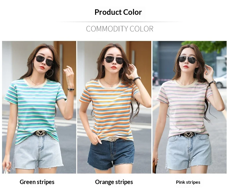 Damen Sommer T-Shirt mit Streifenmuster, kurze Ärmel, neu, schlankmachend, lockere Passform, halblange Ärmel, lässiges Basic-Oberteil – Detail 10