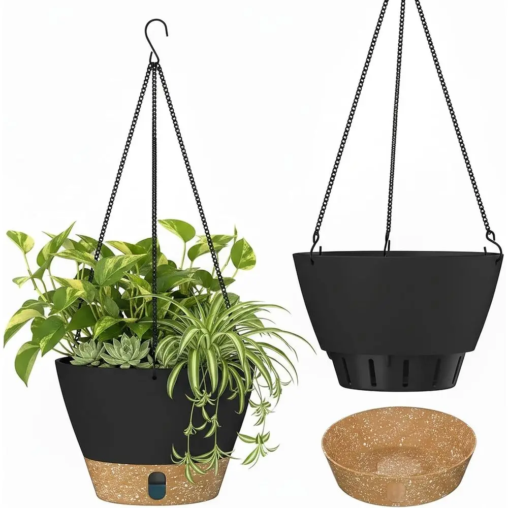 10 Inch Hanging Planters, Gray with Water Level Window and Metal Chain for Indoor or Outdoor Decor