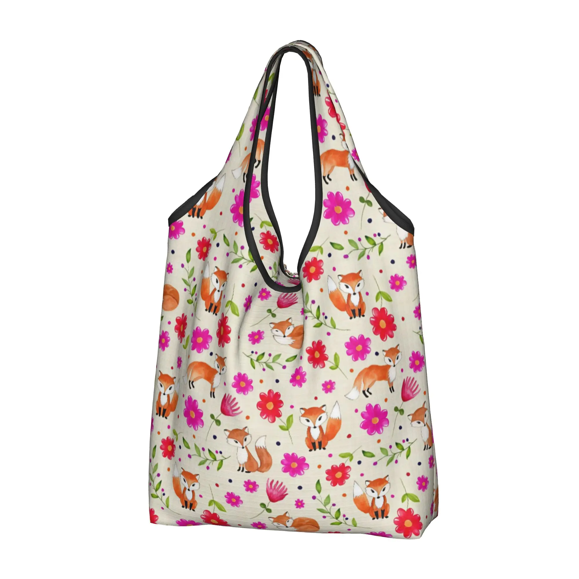 Custom Cute Fox Flowers Shopping Bag Women Portable Big Capacity Grocery Animal Tote Shopper Bags