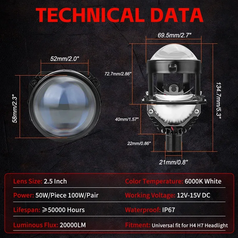 2PCS H7 2.5 Inch Bi LED Projector Lens Light 100W H4 9005/HB3 9006/HB4 Universal Car Headlight Lens High Low Beam Turbo Lights