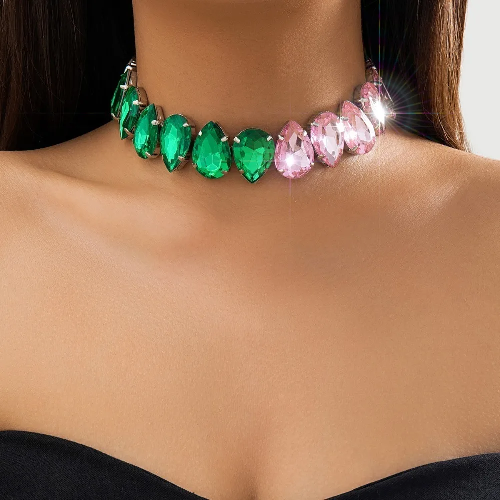Luxury Exaggerated Geometry Teardrop-shaped Full Inlay Colorul Rhinestone Hot Girl Choker Necklace for Women Designer Jewelry