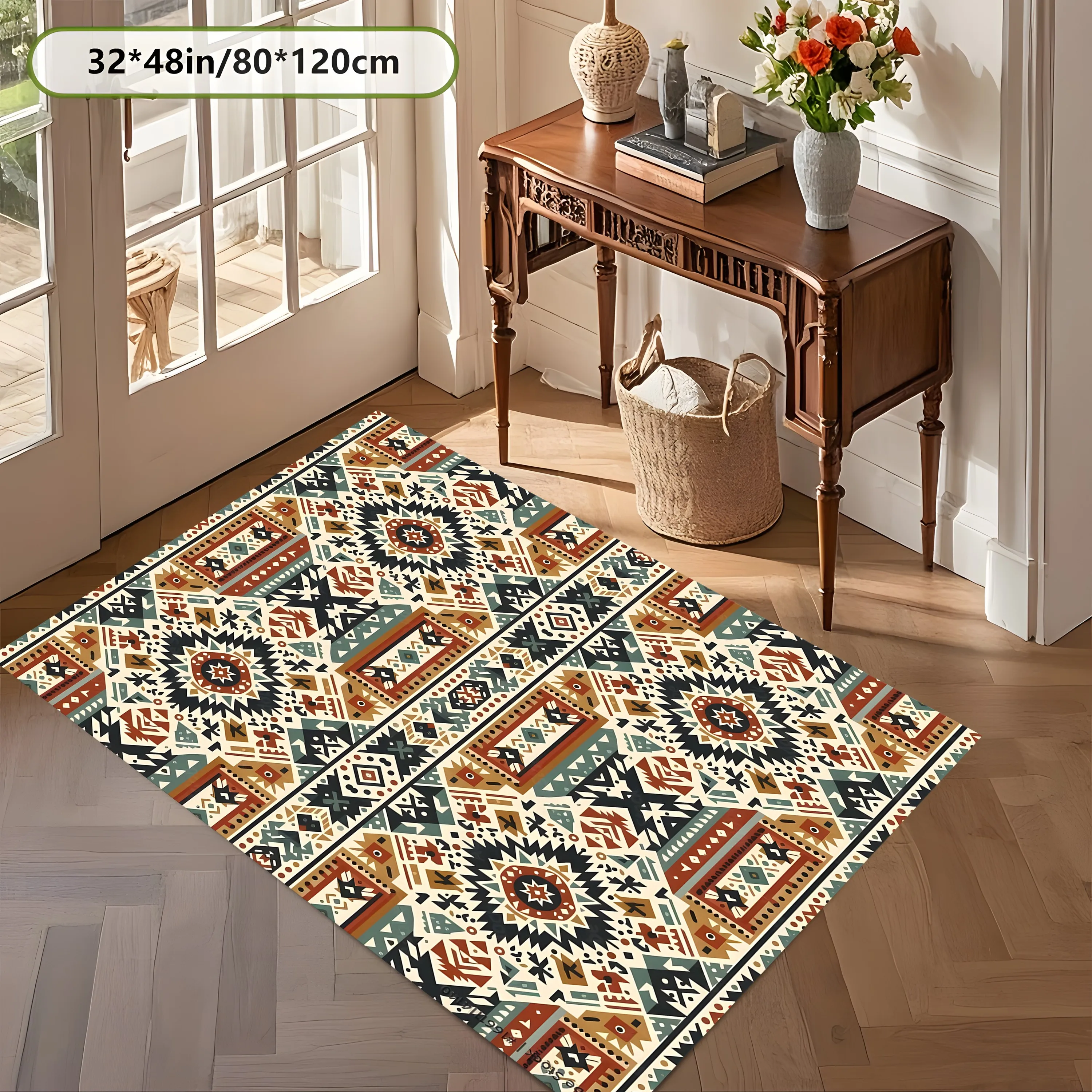 2D Carpet with Retro Ethnic Geometric Totem Pattern in Bohemian Style for Living Room, Bedroom, and Coffee Table
