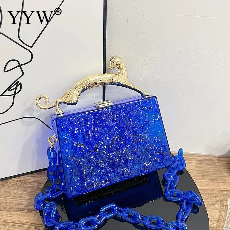 New Acrylic Box Handbags Transparent Women Fashion DesignerLeopard Short Handle Luxury Evening Party Bags Chain Crossbody Bag