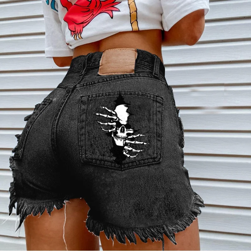 Women's Skull Bone Print Denim Shorts Summer Fashion Mini Skinnies Mid-Rise Straight Leg Jeans