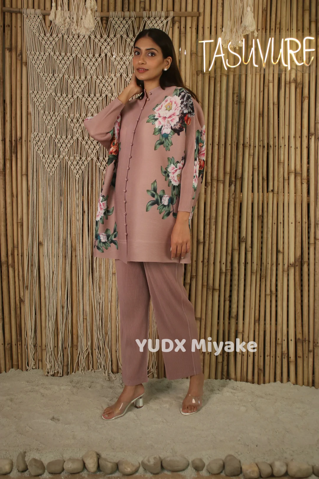 YUDX Miyake Pleated Floral Print Set Women Single Breasted Long Sleeve O-neck Top Wide Leg Pants 2023 Summer Female Clothing