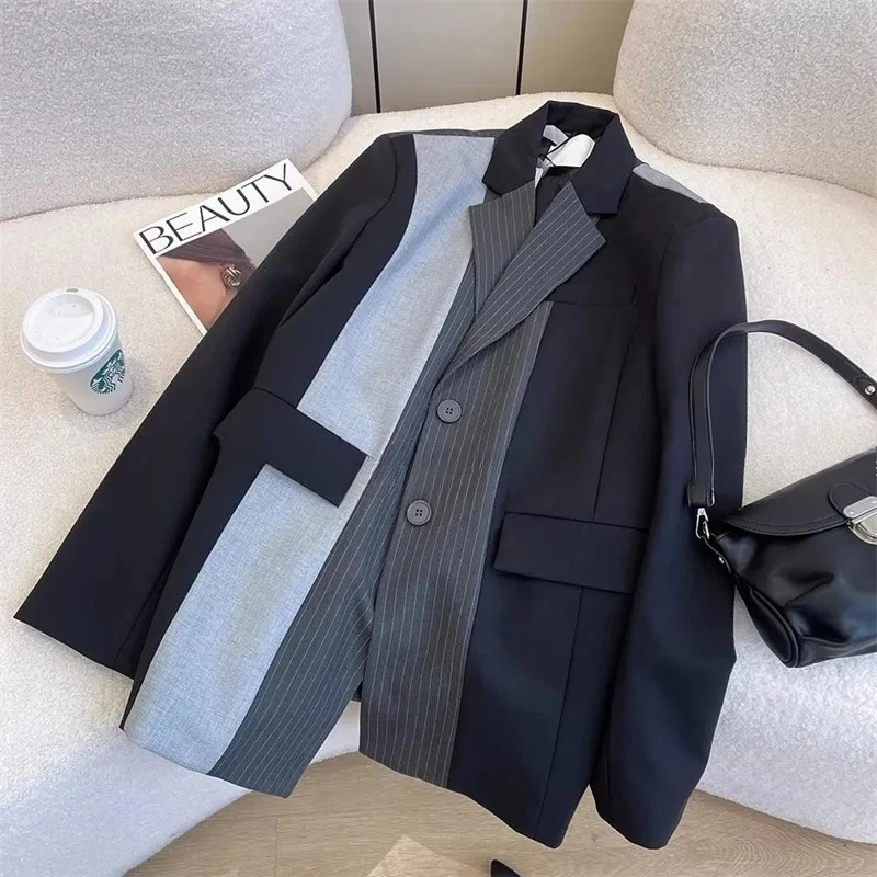 

Black Grey Atitching Contrast Blazer Jacket Women 2025 Autumn New Retro Design Sense Silhouette Loose Thin Suit Coat Female Top