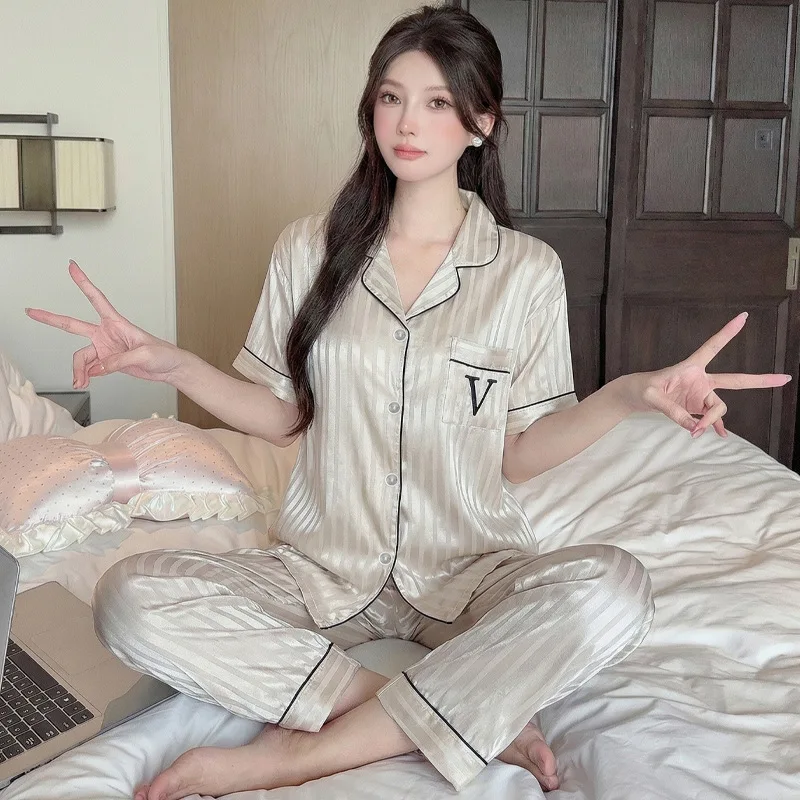 Women's Summer New Short-Sleeve Pajamas, Light Luxury High-End Striped Ice Silk Satin Pajamas, Casual Home Wear Long-Sleeve Set