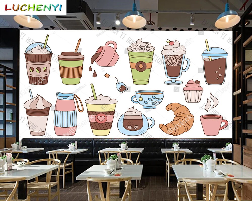 Custom bubble tea coffee milk shake dessert mural wallpaper restaurant drinking shop dining room wall papers home decor sticker