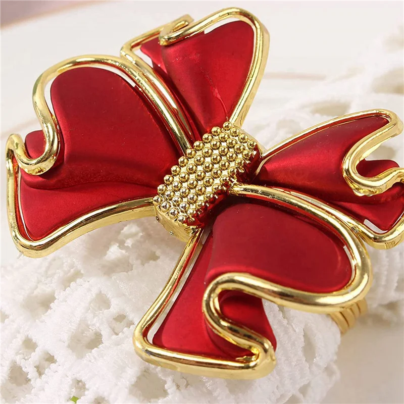 AB47-30 Pieces Red Bowknot Napkin Rings, Butterfly Knot Napkin Ring Holders Handmade Metal Napkin Buckles Elegant Table Decor