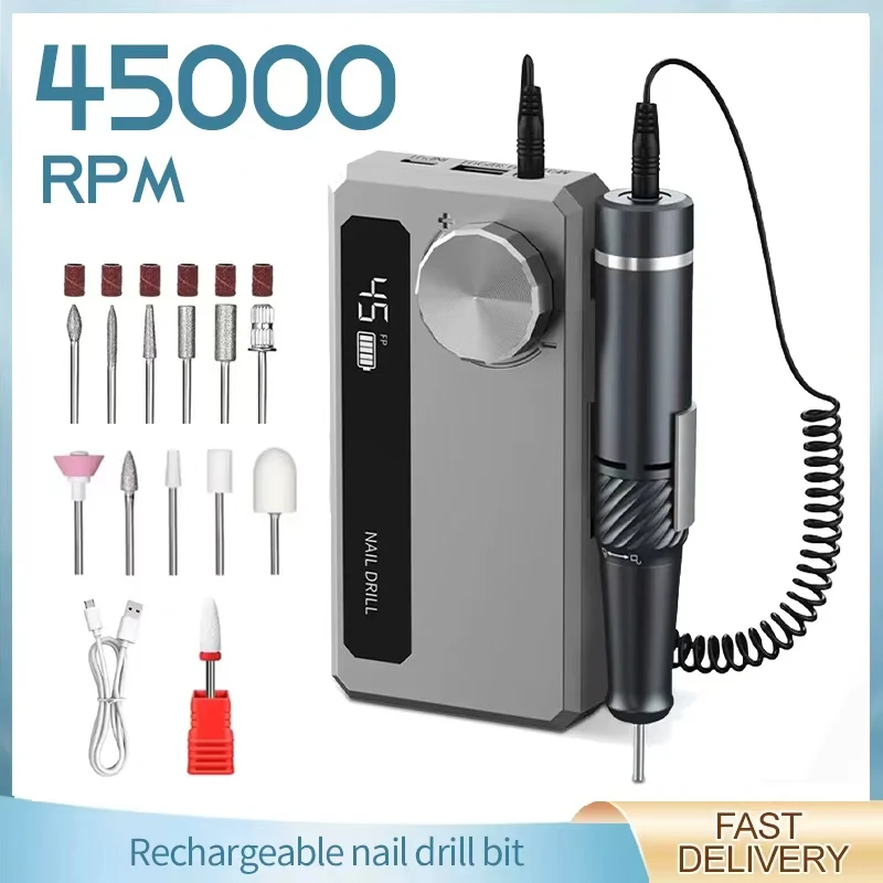 Professional 45000RPM Electric Nail Drill Portable Rechargeable Low-noise Nail Sanding File Nail Tool Nail Drill Polisher