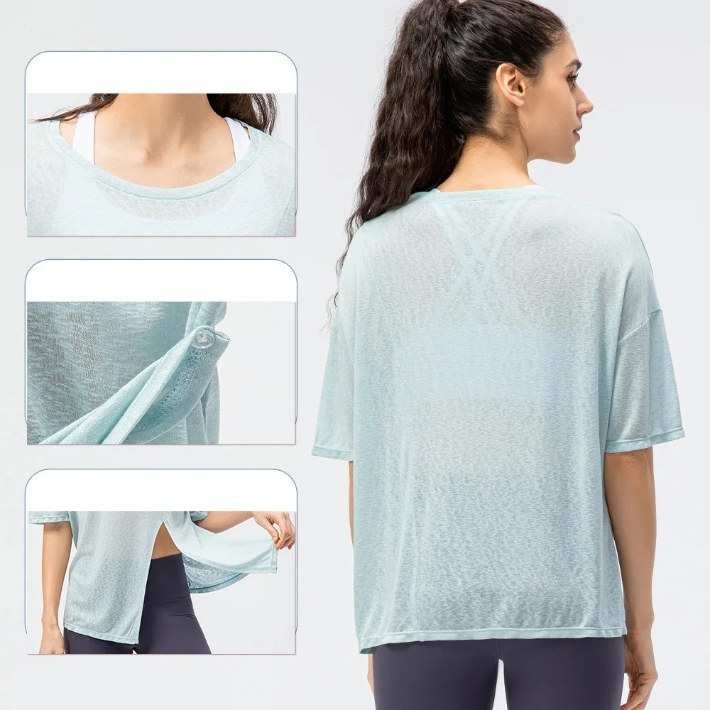 Women Crew Neck Sports T-Shirt Split Hem Cover Up Quick Dry Breathable Running Workout Tops
