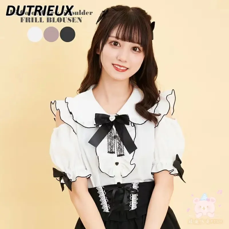 

Summer Women's Tops SC Lace Bow Off-the-Shoulder Blouse Female Lace Mine Series Mass-Produced Sweet Short Sleeve Shirt for Lady