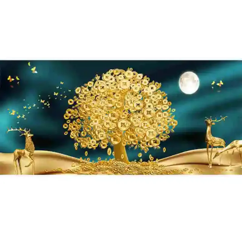 Large Luxury Lucky Gold Money Tree Canvas Painting Printing Floral Plant Painting Deer and Golden Leaf Poster Large Home Decor