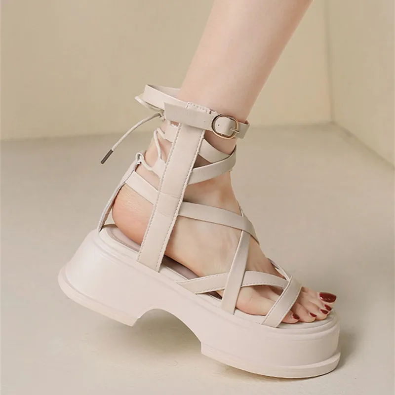 Sexy High Top Cross Strap Sandals Women Summer Fashion Hollow Zip Design Open Toe Roman Gladiator Thick-soled Platform Sandals