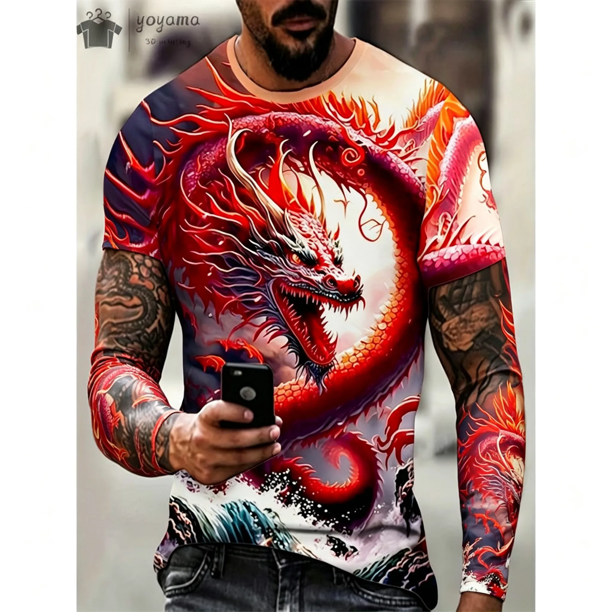 Men's Long Sleeve T-Shirt Oriental Dragon 3D Print Crew Neck Street Fashion Casual Tops