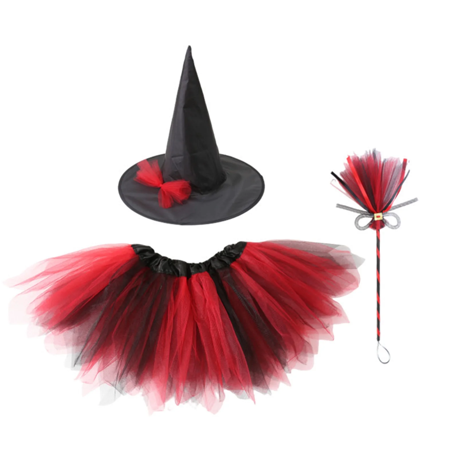 

Girls Witch Costume Set Patchwork Tulle Tutu Skirt Wizard Hat Magic Wand Sets for Halloween Party Cosplay