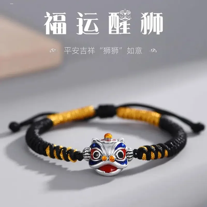 S999 Sterling Silver Enamel Small Awakening Lion Bracelet Men and Women's Ethnic Style Couple's Woven Men's Hand Woven Hand Rope