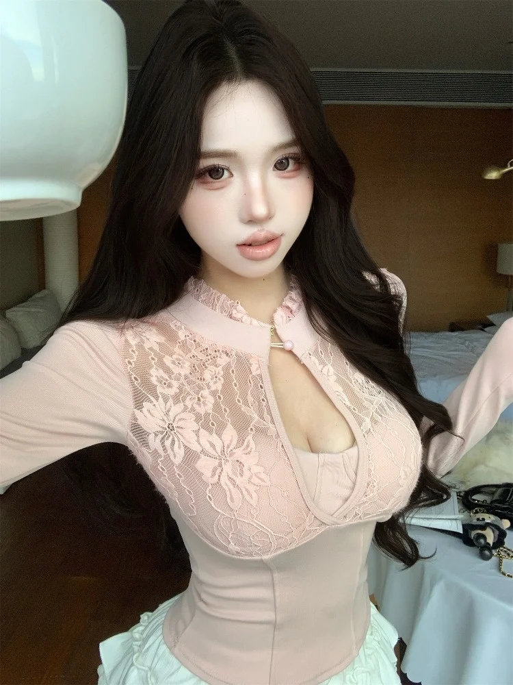 

Pure Desire Sexy Hollow out Lace Splice Fake Two-Piece Long Sleeve Top with Chest Pad White Cake Short Skirt Set Women