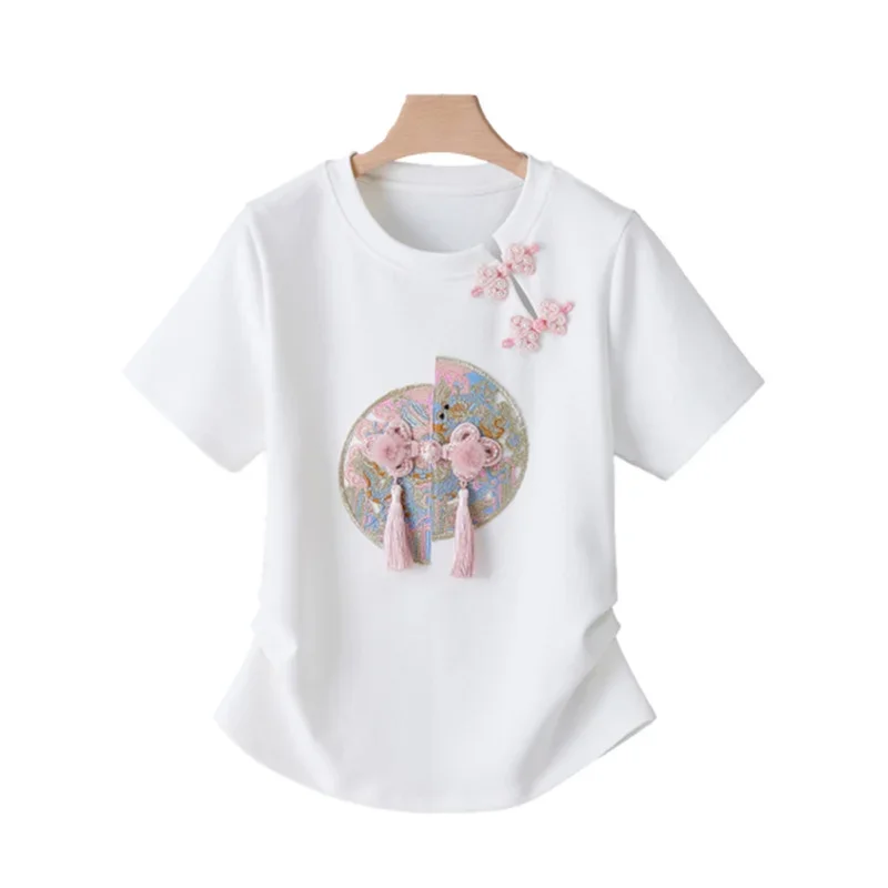 New Asymmetric Disc Embroidery Women Chinese Style T-Shirt Elegant Double Tassel Decoration Tops O Neck Split Splice Female Tees